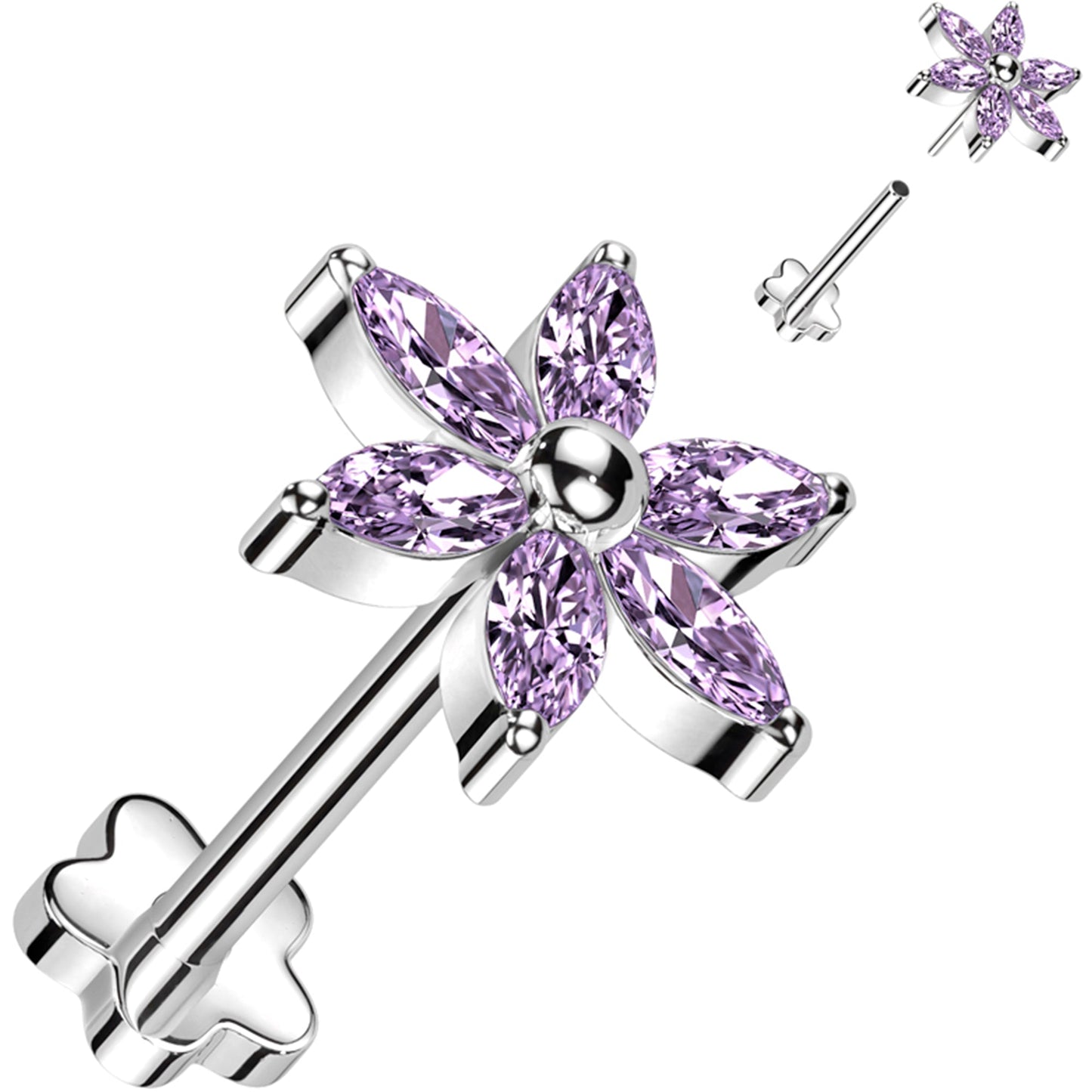 18G 5/16 Purple CZ Gem Style Flower Medical Grade Titanium Reversible Flat Back Earring