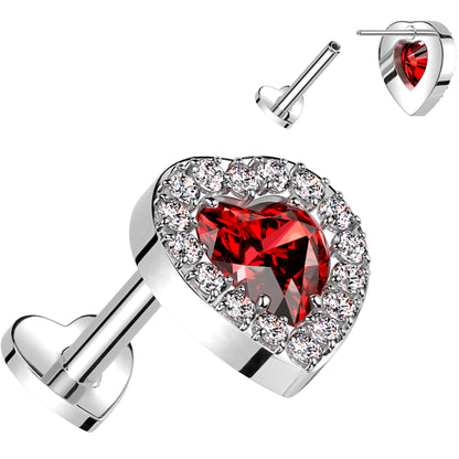 18G 5/16 Red CZ Gem Heart Duo Medical Grade Titanium Reversible Flat Back Earring