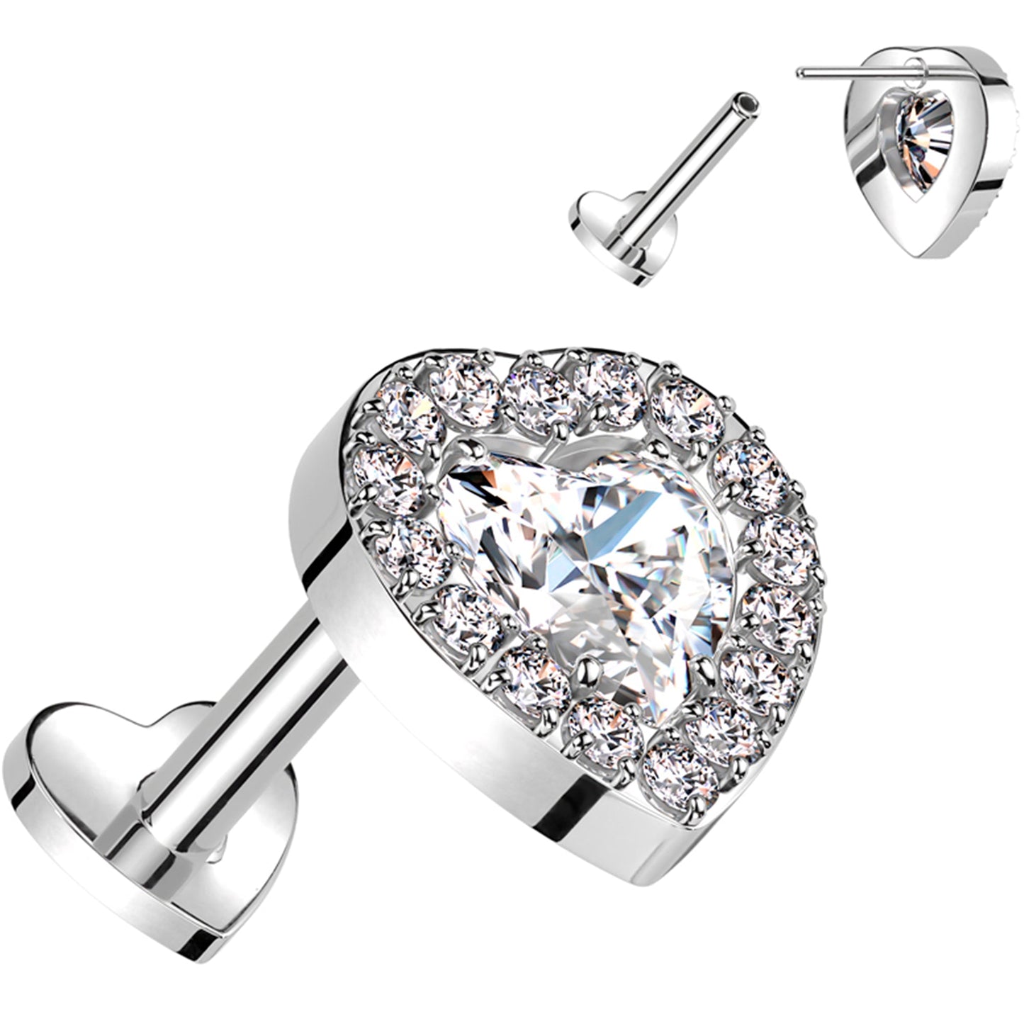 18G 5/16 Clear CZ Gem Heart Duo Medical Grade Titanium Reversible Flat Back Earring