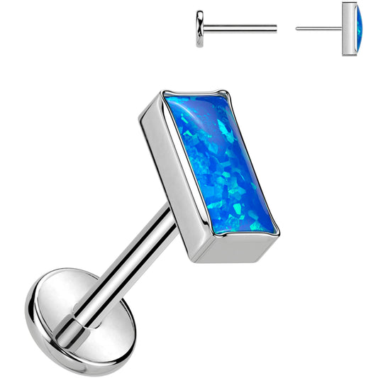 18G 5/16  Blue Rectangular Synthetic Opal Medical Grade Titanium Flat Back Earring