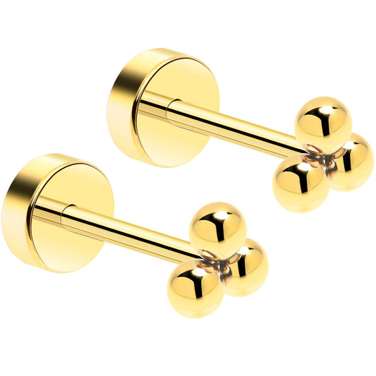14k Yellow Gold Plated 3mm Trinity Ball Flat Back Stud Earrings - 1 Pair