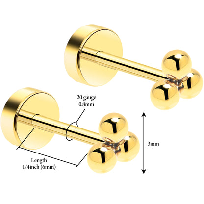 14k Yellow Gold Plated 3mm Trinity Ball Flat Back Stud Earrings - 1 Pair