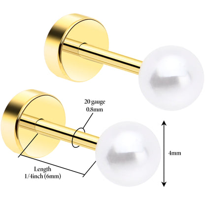 14k Yellow Gold Plated 4mm Iridescent Ball Flat Back Stud Earrings - 1 Pair