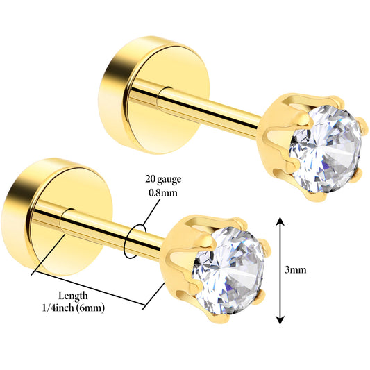 14k Yellow Gold Plated 3mm CZ Flat Back Stud Earrings - 1 Pair