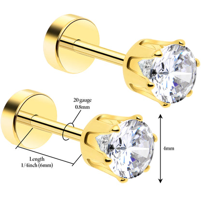 14k Yellow Gold Plated 4mm CZ Flat Back Stud Earrings - 1 Pair