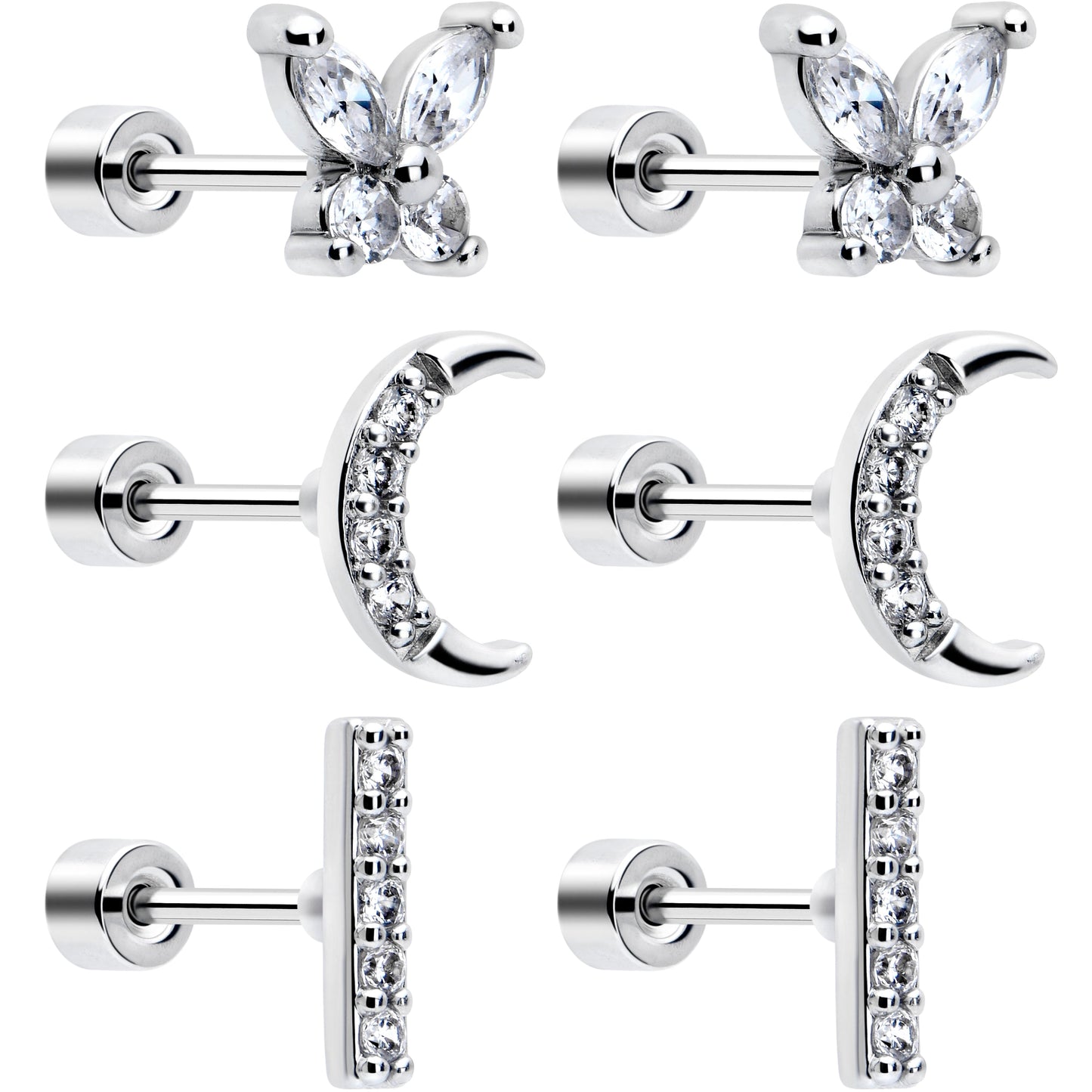 CZ Celetial Butterfly Flat Back Stud Earrings - 3 Pairs