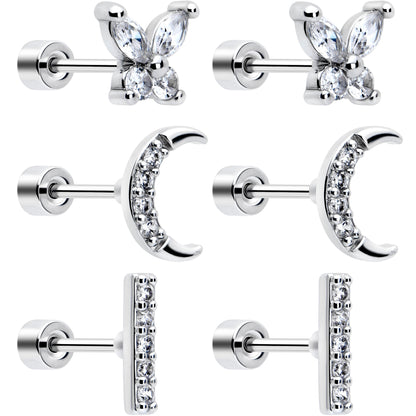 CZ Celetial Butterfly Flat Back Stud Earrings - 3 Pairs