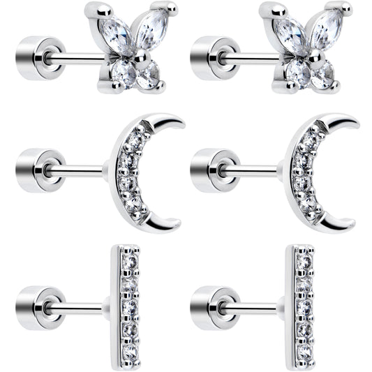 CZ Celetial Butterfly Flat Back Stud Earrings - 3 Pairs