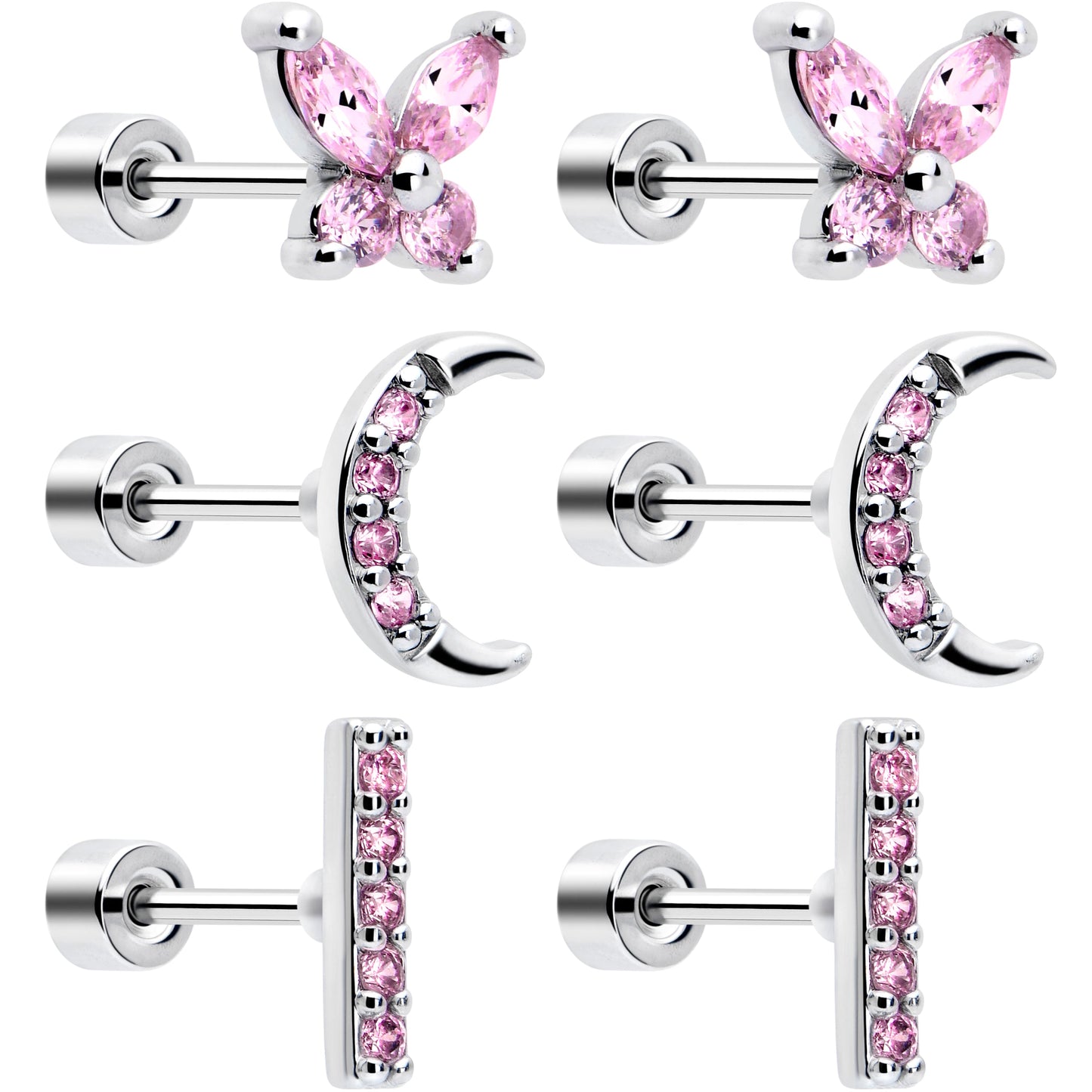Pink CZ Celestial Butterfly Flat Back Stud Earrings - 3 Pairs