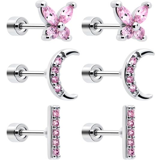 Pink CZ Celestial Butterfly Flat Back Stud Earrings - 3 Pairs