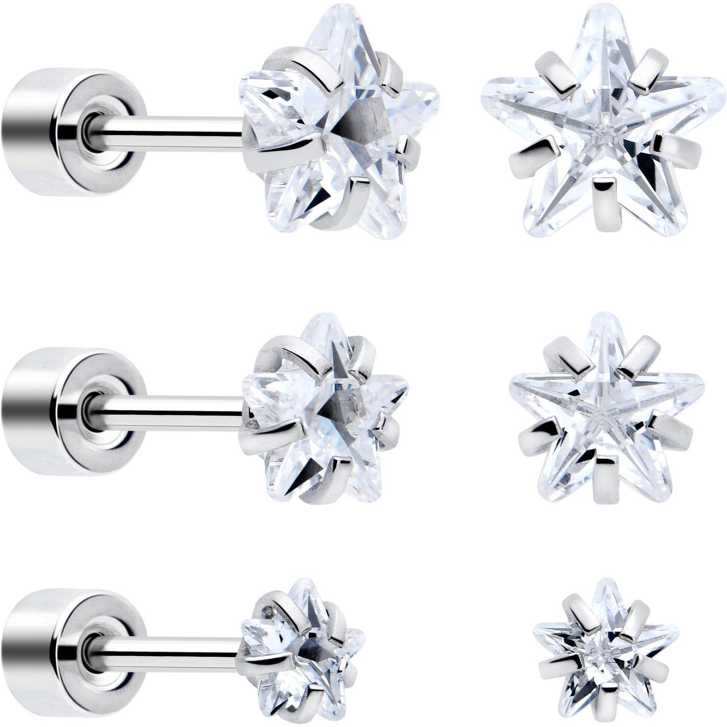 Clear Star CZ Flat Back Stud Earrings - 3 Pairs