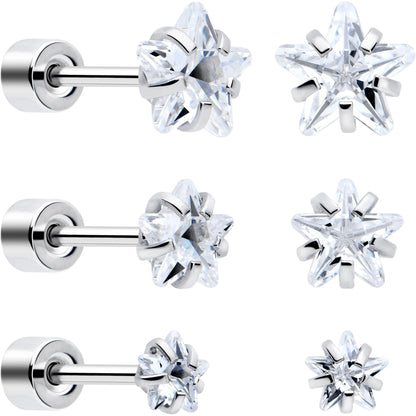Clear Star CZ Flat Back Stud Earrings - 3 Pairs