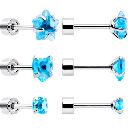 Blue Simplistic Heart Star CZ Flat Back Stud Earrings - 3 Pairs