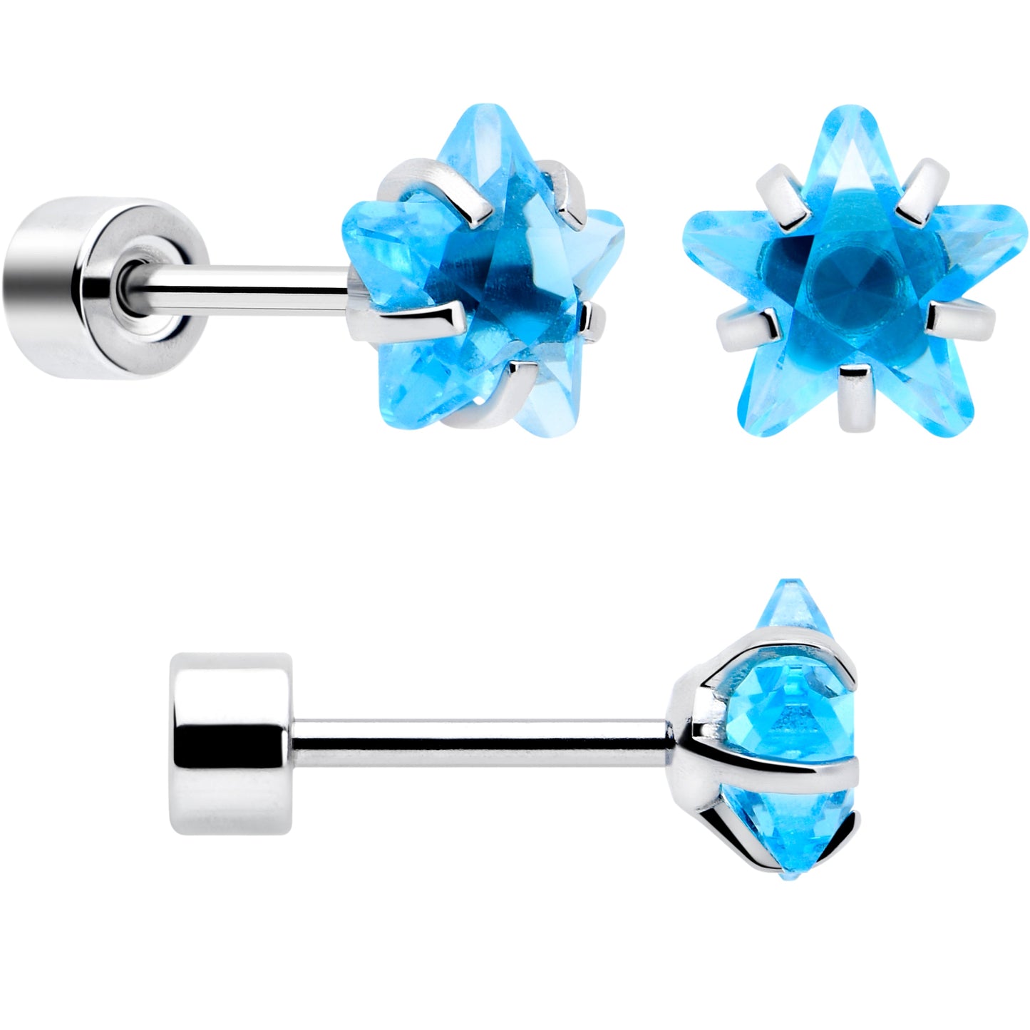 Blue Simplistic Heart Star CZ Flat Back Stud Earrings - 3 Pairs