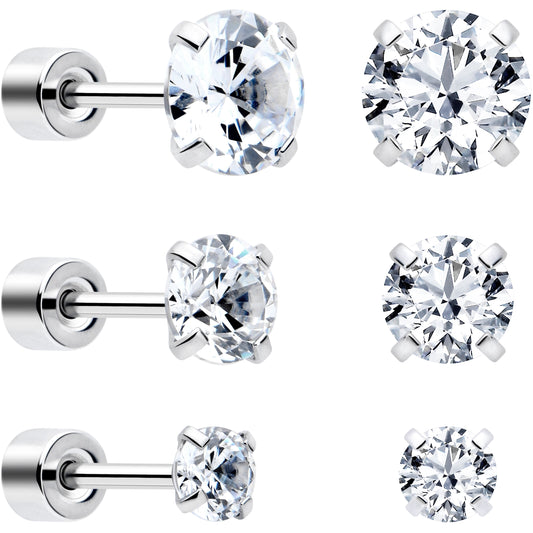 CZ Flat Back Stud Earrings - 3 Pairs