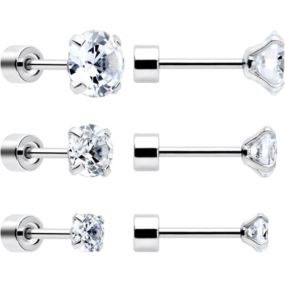 CZ Flat Back Stud Earrings - 3 Pairs