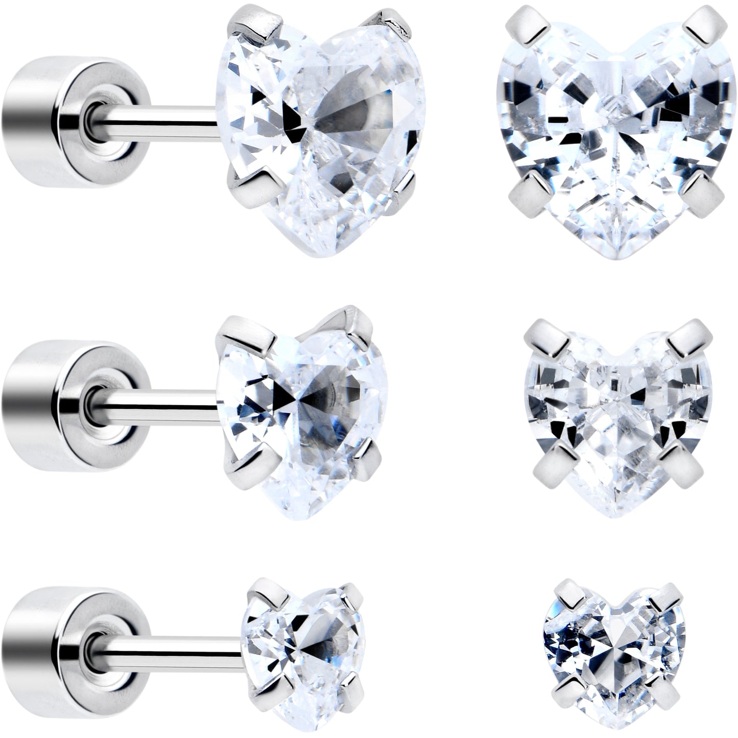 Clear Heart CZ Flat Back Stud Earrings - 3 Pairs