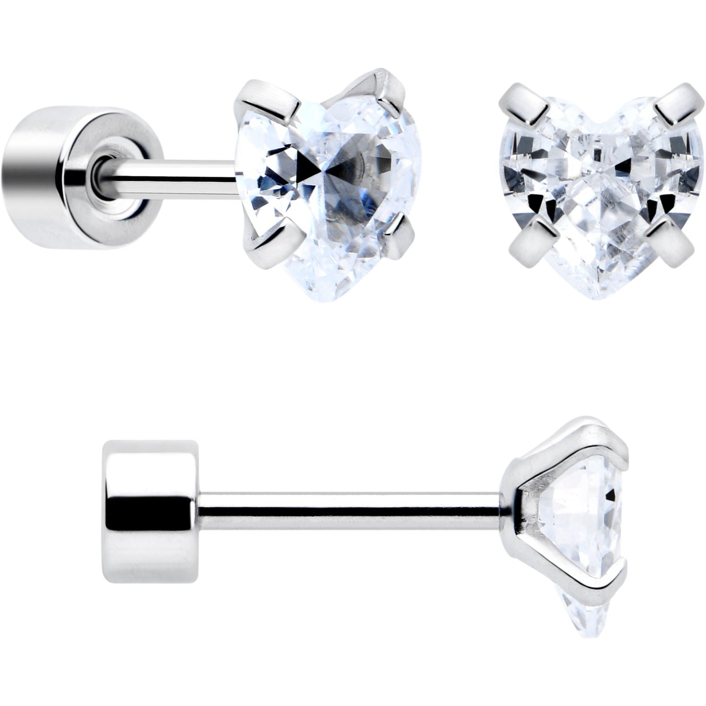 Clear Heart CZ Flat Back Stud Earrings - 3 Pairs