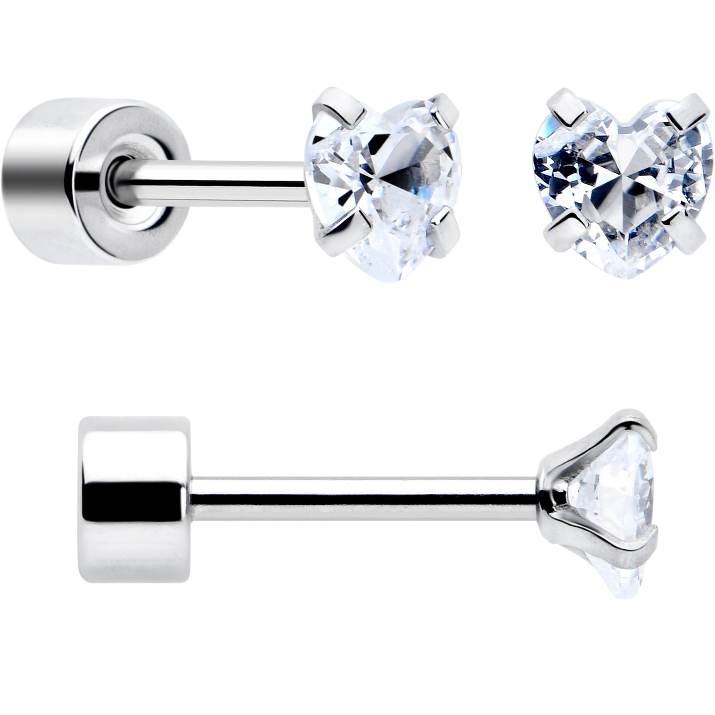 Clear Heart CZ Flat Back Stud Earrings - 3 Pairs