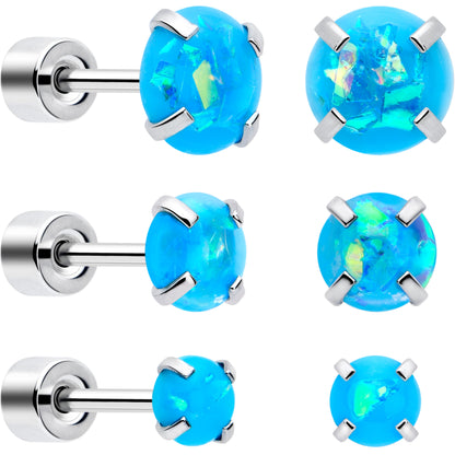 Blue Synthetic Opal Flat Back Stud Earrings - 3 Pairs