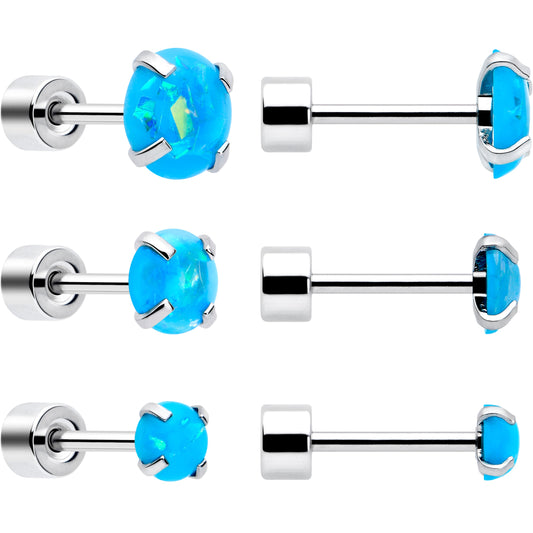 Blue Synthetic Opal Flat Back Stud Earrings - 3 Pairs