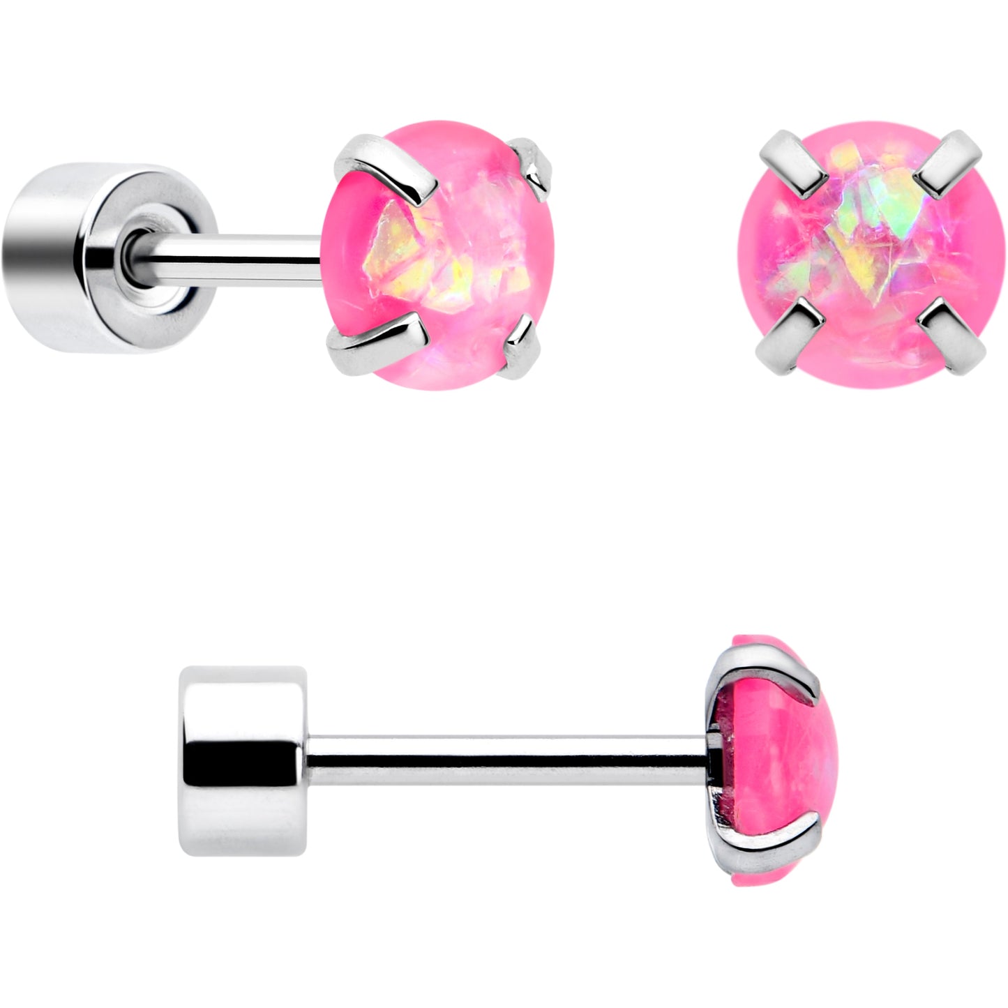 Pink Synthetic Opal Flat Back Stud Earrings - 3 Pairs