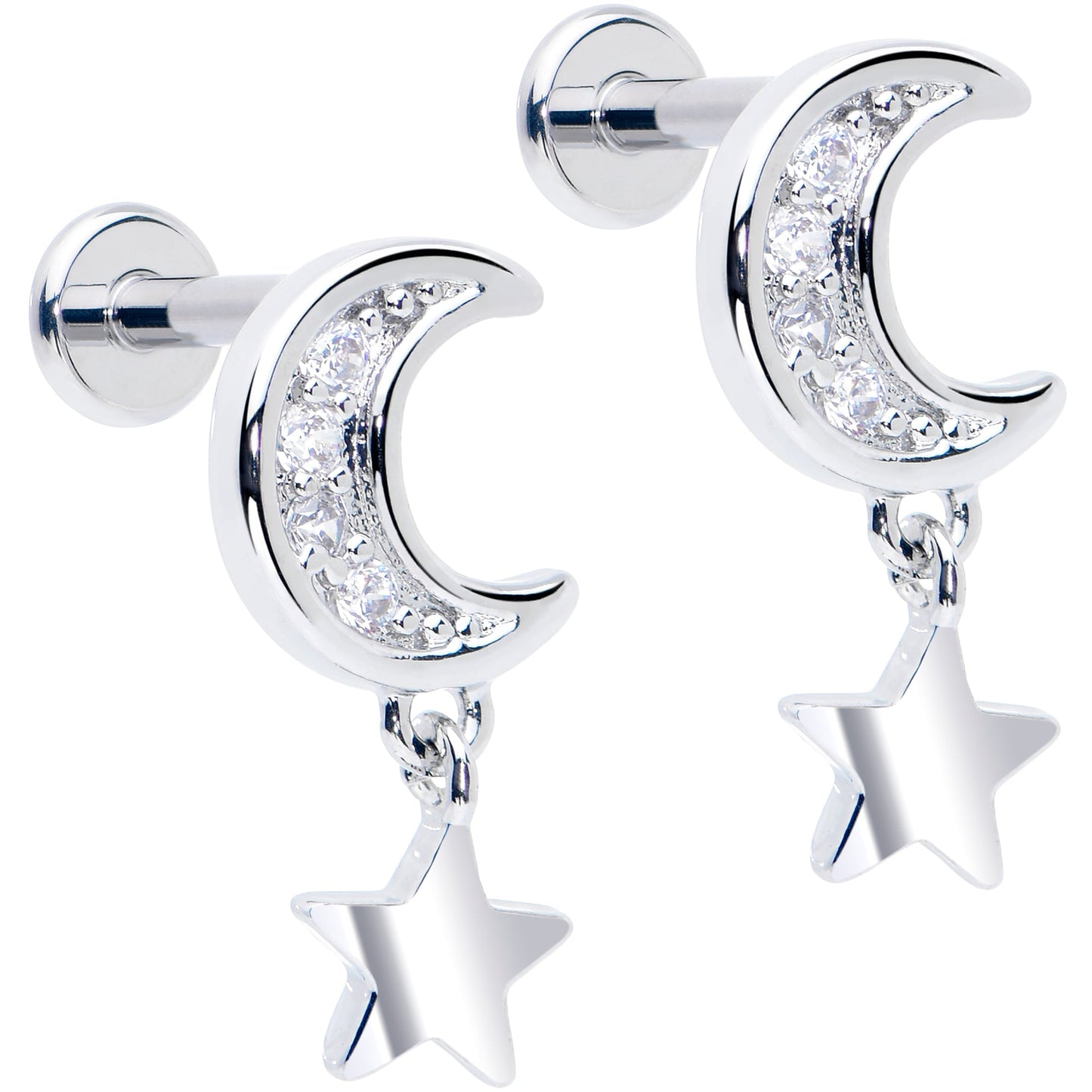 Titanium Flat Back Earring Set - CZ Crescent Moon Star Dangle 16G