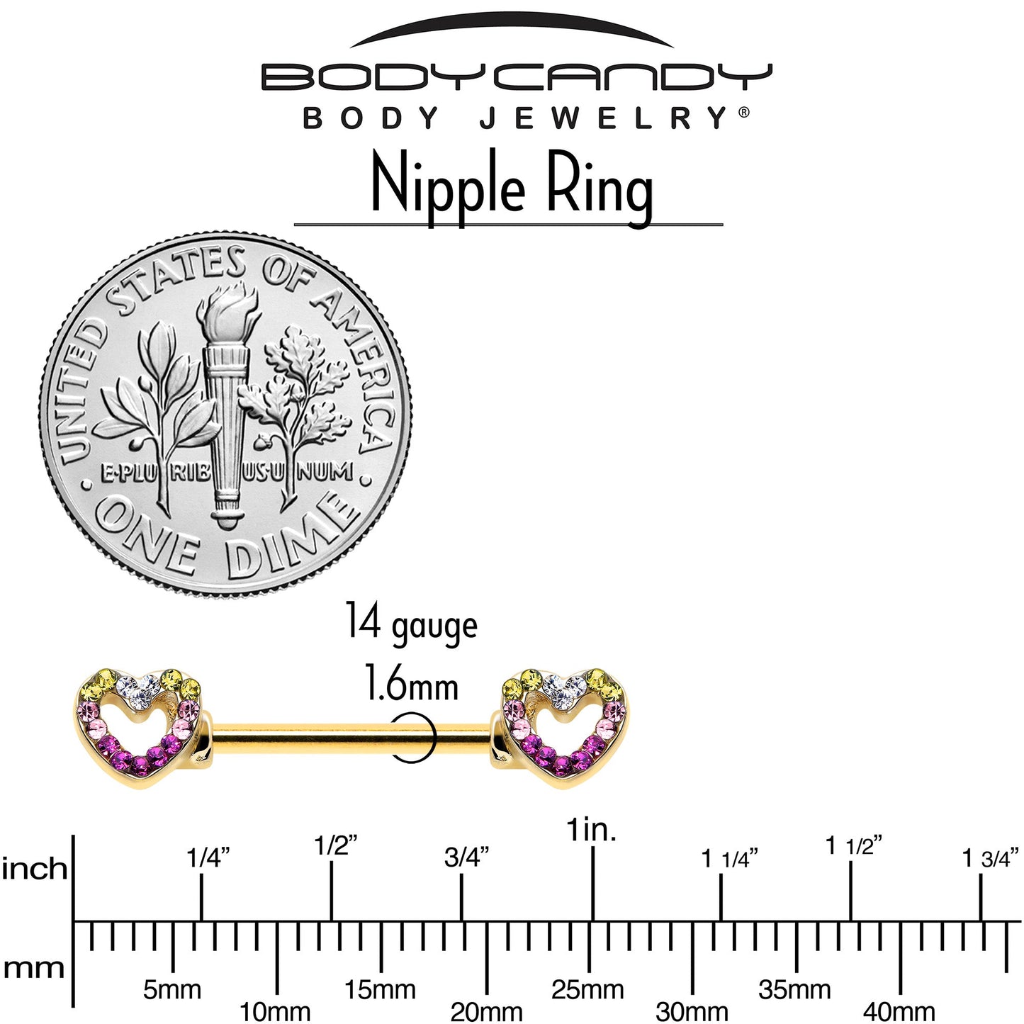 14G 9/16 Romance Gem Open Heart Barbell Nipple Ring Set