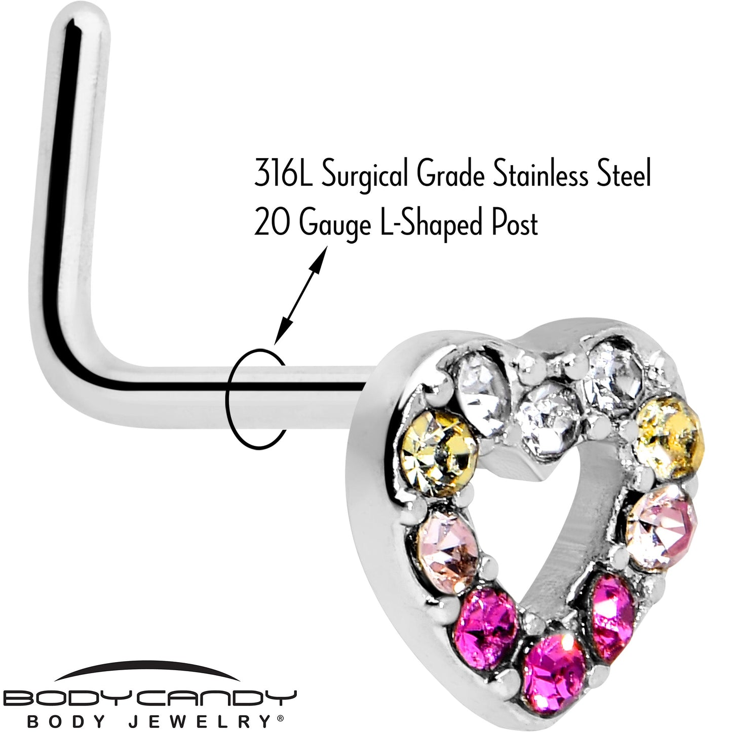 20G Romance Gem Open Heart L Shape Nose Ring