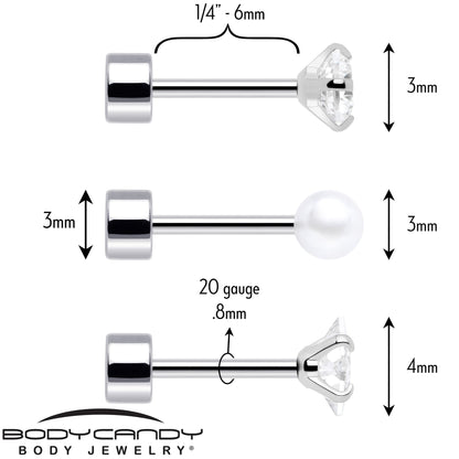 20G Clear Gem White Orb Flatback Earring Set of 6