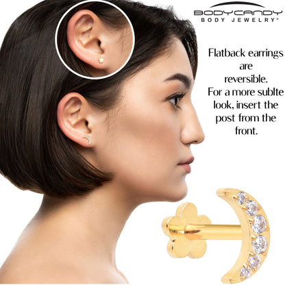 Titanium Flat Back Earring Gem Crescent Moon - 18G Threadless Reversible