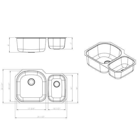 31-1/2" L x 20-1/2" W x 9" D Undermount 18 Gauge Stainless Steel 70/30 Double Bowl Sink