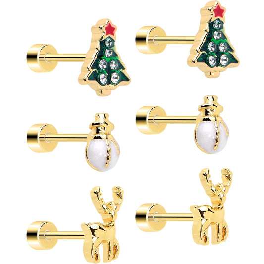 Christmas Flat Back Earrings - 3 Pairs Holiday Tree Reindeer Snowman
