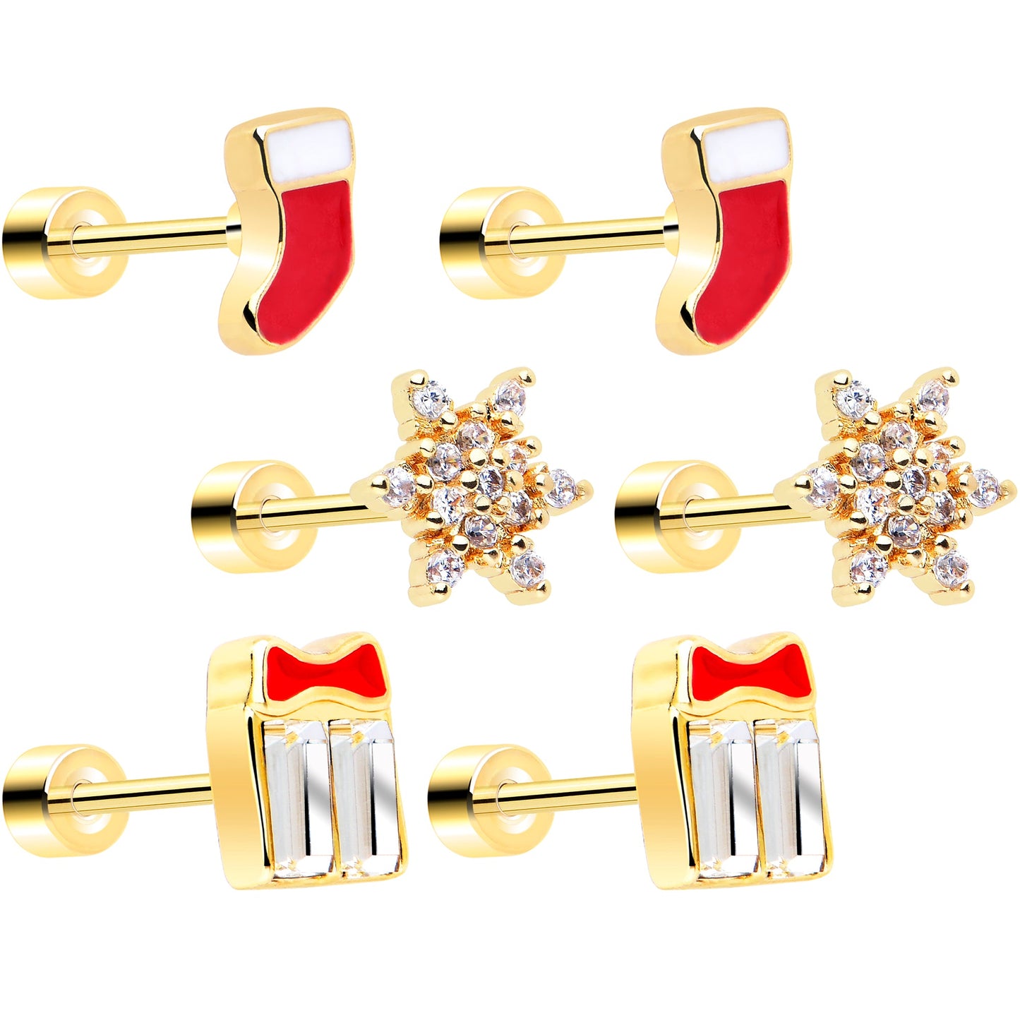 Clear Gem Gold Tone Stocking Christmas Gift Flat Back Earring Set of 6