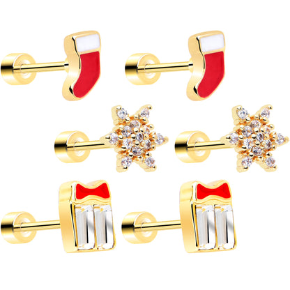 Clear Gem Gold Tone Stocking Christmas Gift Flat Back Earring Set of 6
