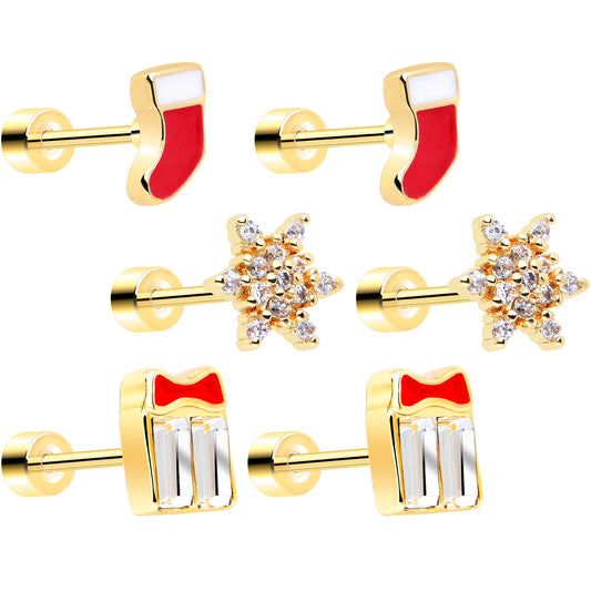 Clear Gem Gold Tone Stocking Christmas Gift Flat Back Earring Set of 6