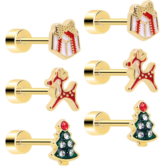 Christmas Flat Back Earrings - 3 Pairs Holiday Tree Reindeer Presents