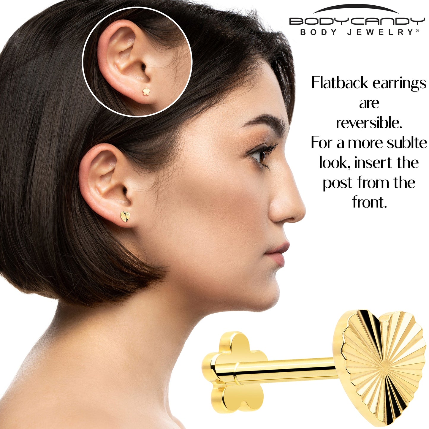 18G Titanium Flat Back Earring Threadless Reversible Heart
