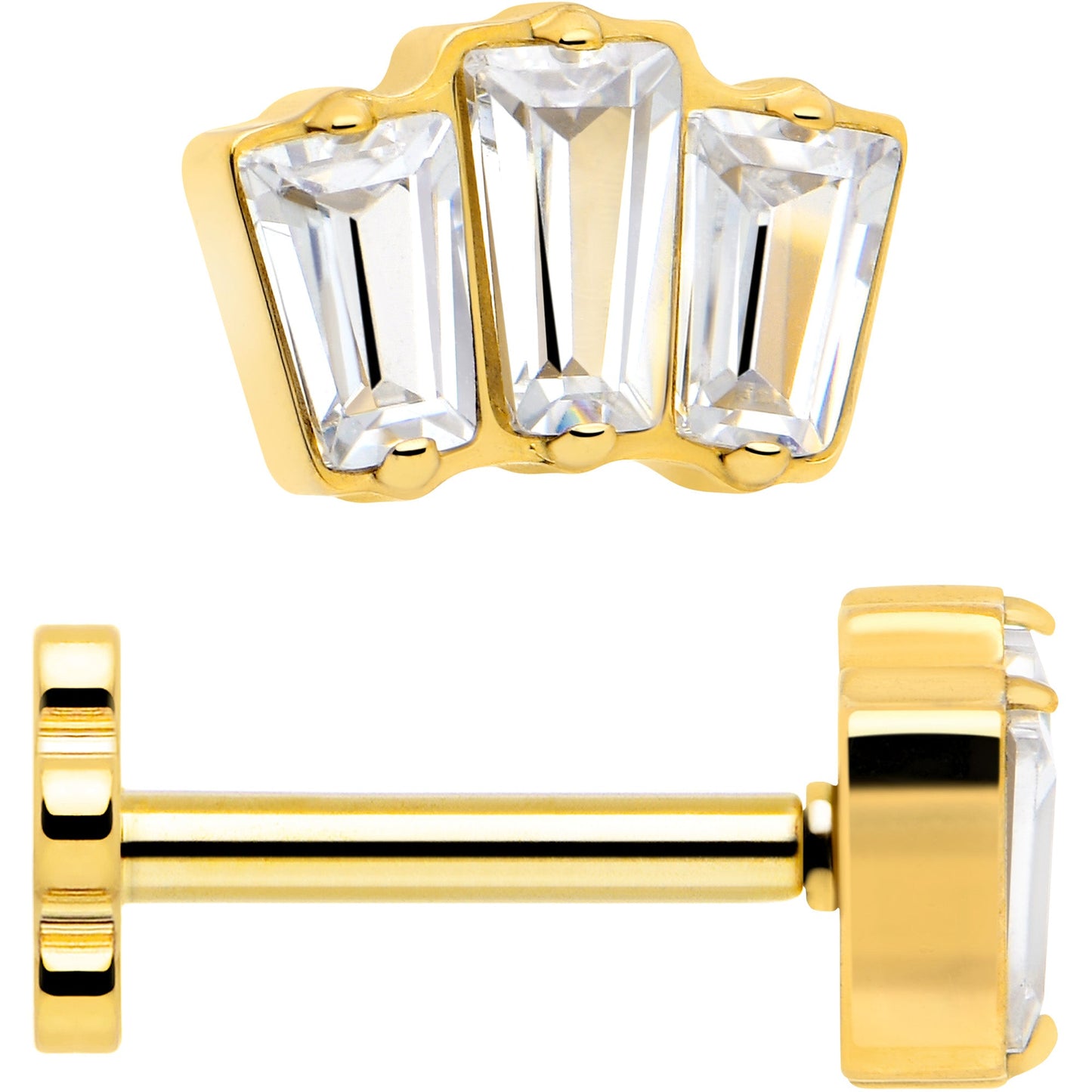 18G 1/4 Clear Gem 14k Gold Plated Implant Grade Titanium Threadless Flower Reversible Flat Back Earring