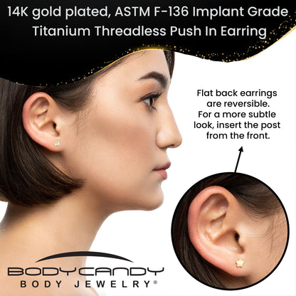 18G 1/4 Clear Gem 14k Gold Plated Implant Grade Titanium Threadless Flower Reversible Flat Back Earring
