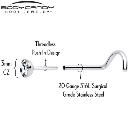 20G 3mm CZ Bezel Set Push-In Threadless Nose Screw Nose Ring