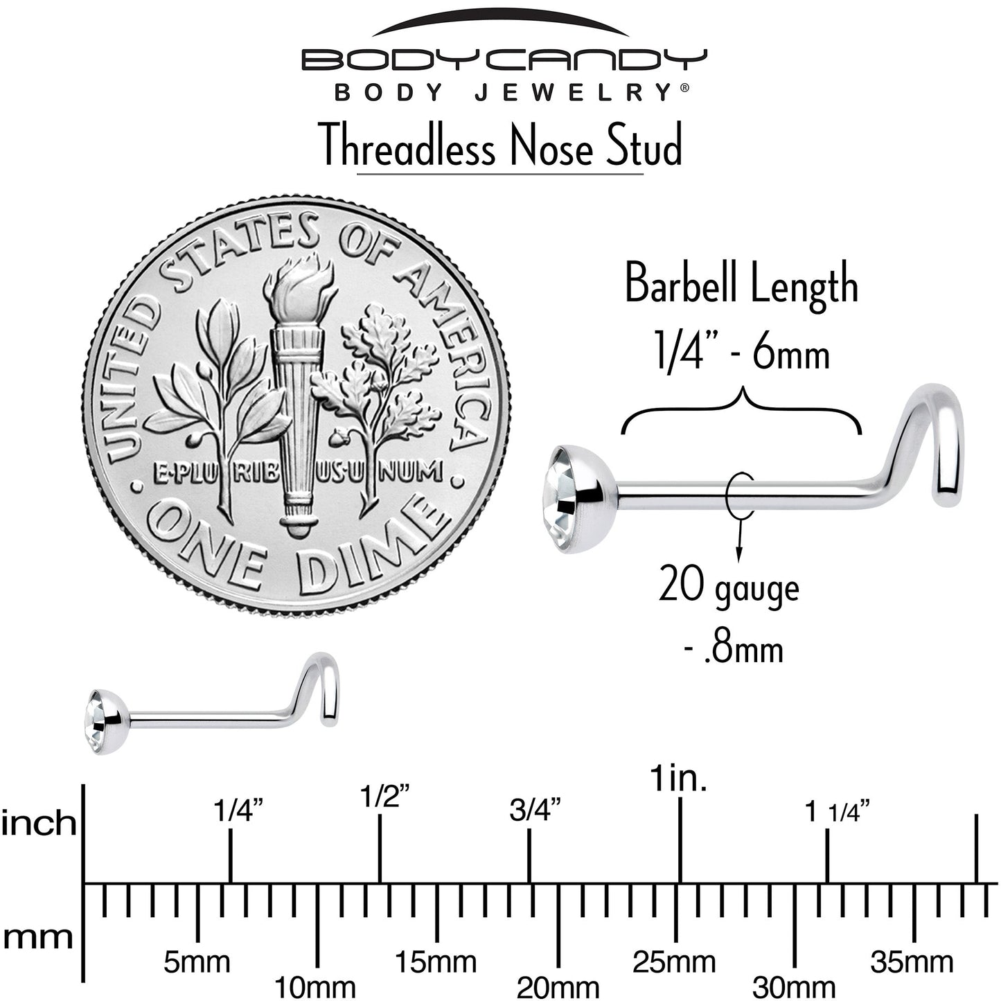 20G 3mm CZ Bezel Set Push-In Threadless Nose Screw Nose Ring