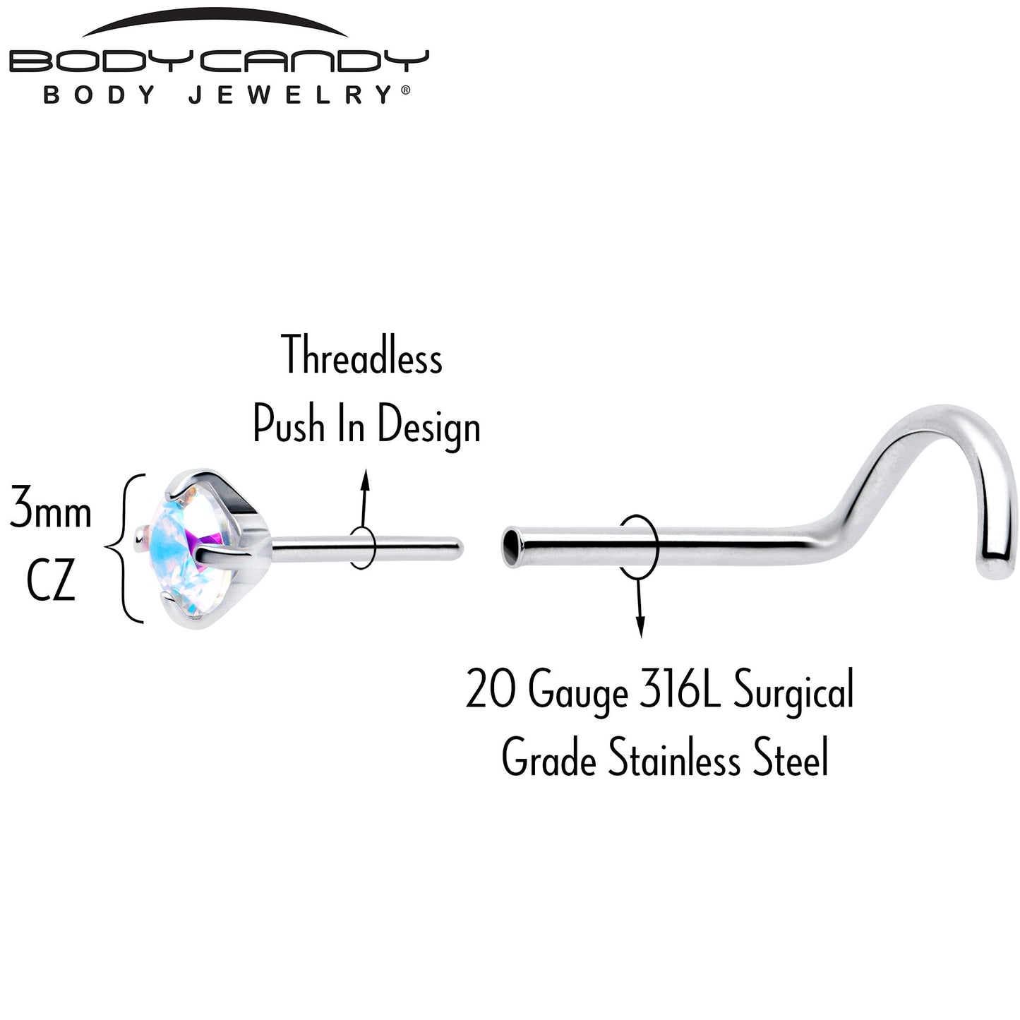 20G 3mm CZ Prong Set Push-In Threadless Nose Screw Nose Ring