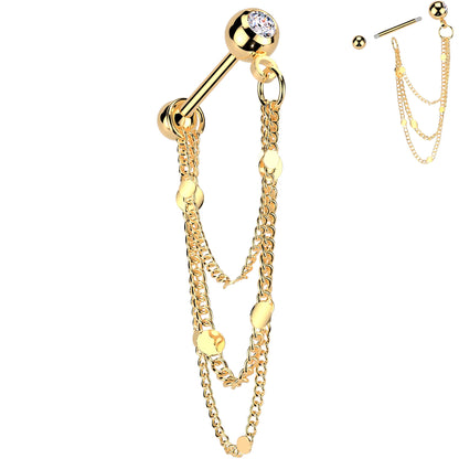 16G 5/16 CZ Gem Stud Triple Chain Cartilage Earring