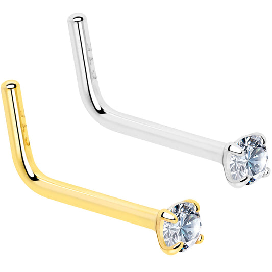 20G Gold Plated 925 Sterling Silver 2mm CZ L-Shape Nose Ring