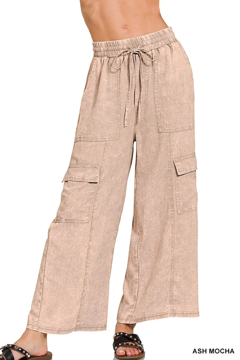 Zenana Washed Linen Elastic Band Waist Cargo Pants in Mocha