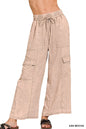 Zenana Washed Linen Elastic Band Waist Cargo Pants in Mocha