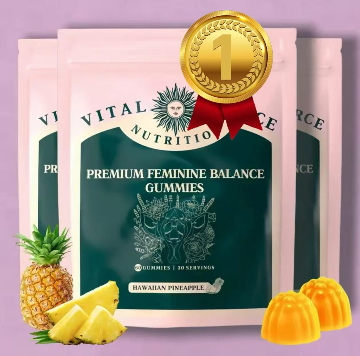 Vital Source Nutrition - Premium Feminine Balance Gummies - for Women’s Health & Wellness - Immune Support - Vegan, Gluten-Free & Halal - Hawaiian Pineapple - 60 Gummies - 30 Serving