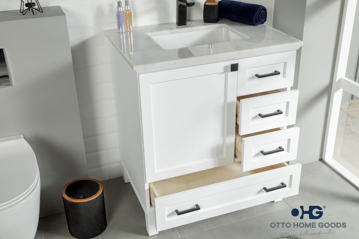 Paloma 30" White Bathroom Vanity with Quartz Top & Black Hardware