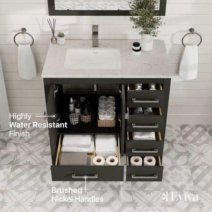 Eviva London Bath Vanity with Carrara Quartz Top and Undermount Porcelain Sink (20"-60")